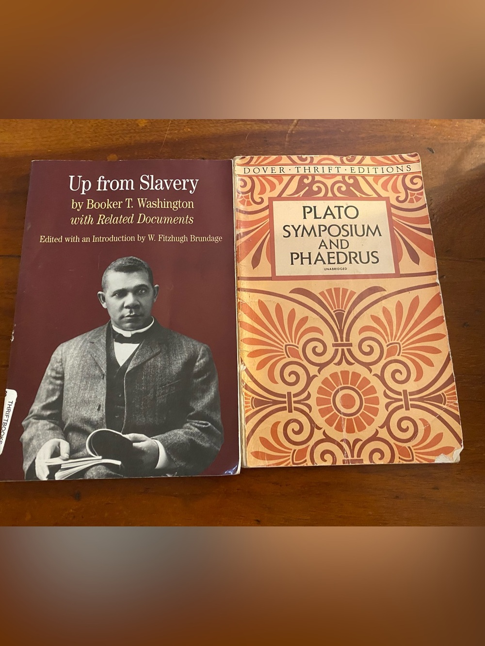 Source Unknown Burgundy and Cream Vintage Book Pair - Up From Slavery & Plato